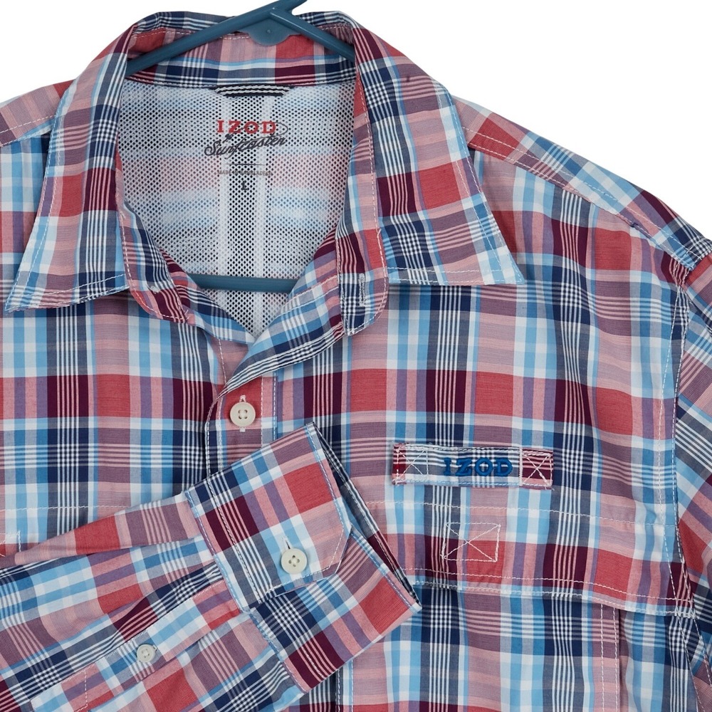 IZOD Surfcaster‎ Fishing Shirt Mens Large Red Blue Plaid Ventilated Cotton mix